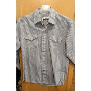 Ranch & Town Pearl Snap Shirt Men's LG/XL Vintage 80s Western Blue Striped‎ USA